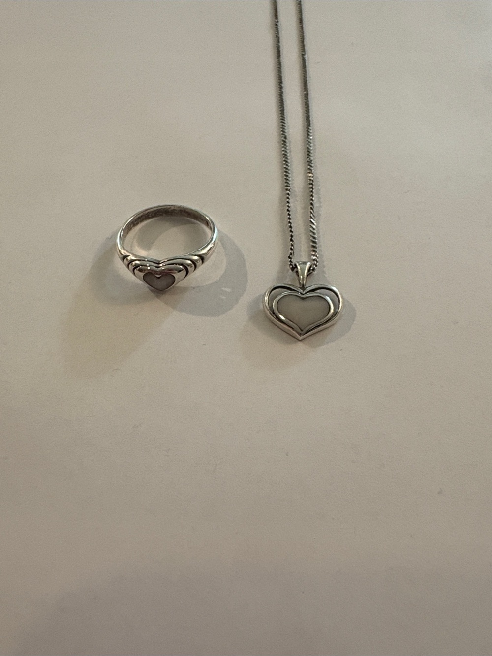 Sterling Silver Heart Pendant Necklace and Matching Ring - White